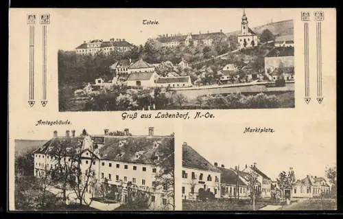 AK Ladendorf /N.-Oe., Totalansicht mit Kirche, Amtsgebäude, Marktplatz