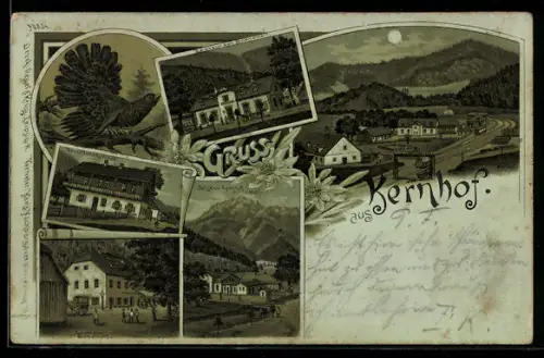 Mondschein-Lithographie Kernhof, Gasthaus Sattelhof, Restaurant Schreiner, Dependenz Kernhof