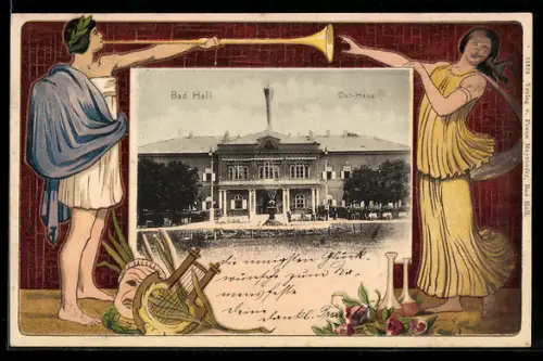 Lithographie Bad Hall, Kurhaus, Römer mit Fanfare und Frau, Passepartout