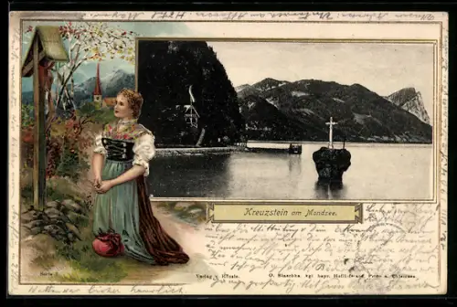 Passepartout-Lithographie Mondsee, Kreuzstein im Mondsee, Mädchen am Wegkreuz