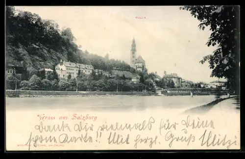 AK Salzburg, Mülln, Panorama an der Salzach mit Kirche