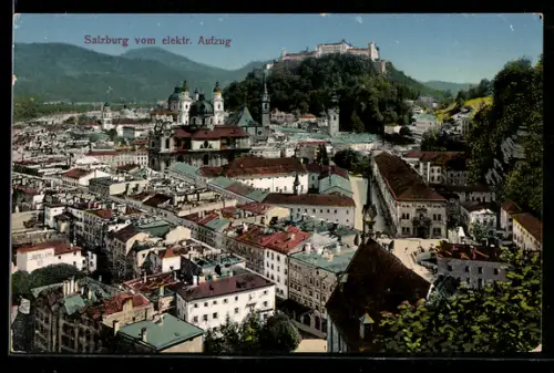 AK Salzburg, Panorama vom elektrischen Aufzug mit Festung Hohensalzburg
