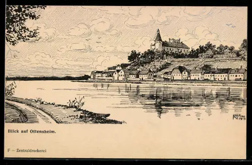 Künstler-AK Ottensheim, Flussufer mit Häuserreihe, Kirche und Schloss