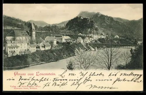 AK Losenstein, Panorama mit Kirche, Schlossruine und Brücke