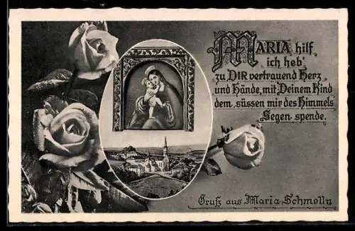 AK Maria Schmolln, Marienbild, Panorama mit Kirche, Rosen