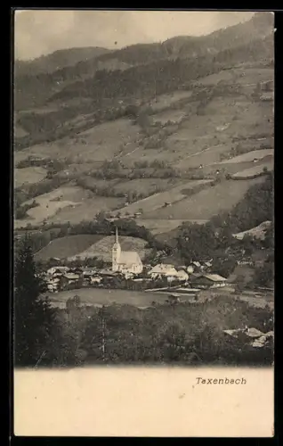 AK Taxenbach, Ortsansicht mit Kirche und umliegenden Feldern