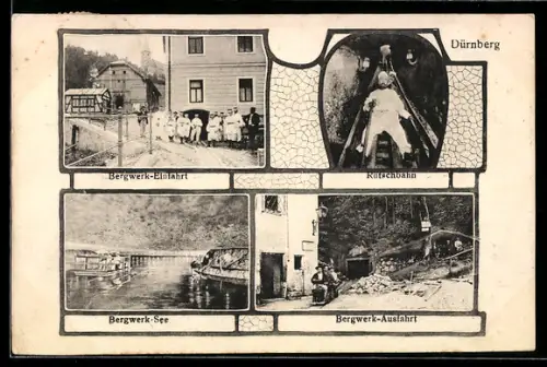 AK Dürnberg, Bergwerk Einfahrt u. Ausfahrt, Seeansicht, Rutschbahn