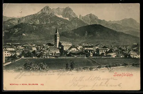 AK Saalfelden am Steinernen Meer, Ortsansicht mit der Pfarrkirche hll. Johannes Evangelist u. Johannes d. Täufer