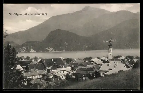 AK St. Gilgen, Blick über die Dächer und Wasser auf den Schafberg
