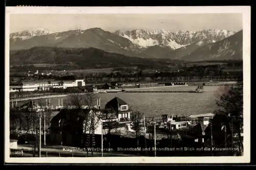 AK Klagenfurt /Wörthersee, Strandcafé und Strandbad mit Blick auf die Karawanken