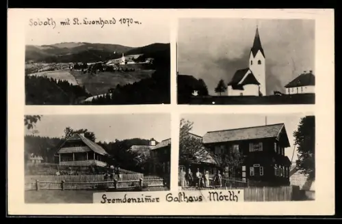AK Soboth, Gasthaus Mörth, Ortsansicht mit St. Leonhard