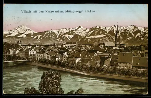 AK Villach, Ortsansicht mit Karawanken und Mittagskogel