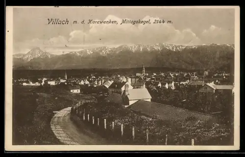 AK Villach, Panorama mit Karawanken