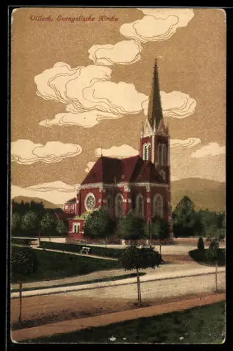 AK Villach, Evangelische Kirche mit Strassenpartie