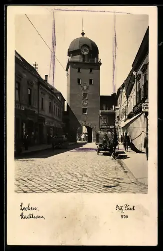 AK Leoben, Stadtturm mit Strassenpartie