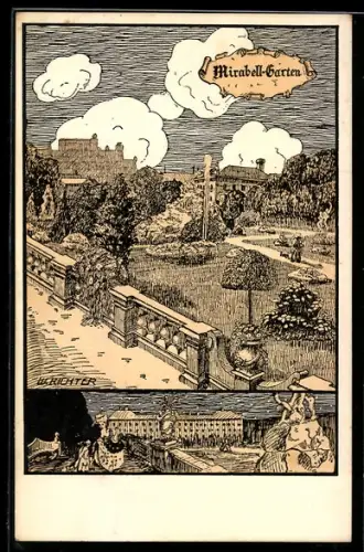 Künstler-AK Salzburg, Mirabell-Garten, Ortspartie