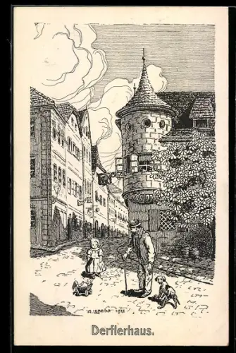 Künstler-AK Steyr, Derflerhaus mit Strassenpartie