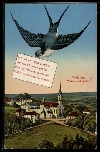 AK Maria Schmolln, Totalansicht mit Kirche, Schwalbe