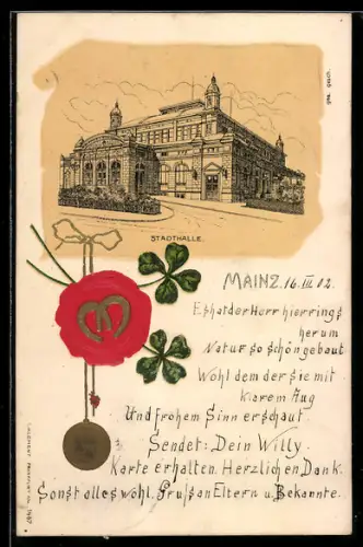Lithographie Mainz, Stadthalle mit Strassenpartie, Siegel