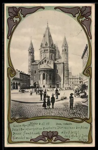 Grusskarten-AK Mainz, Dom mit Strassenpartie, Ostseite, Passepartout