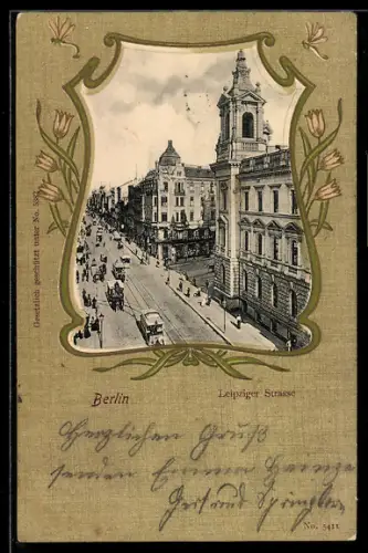 AK Berlin, Leipziger Strasse, Strassenbahnen, Jugendstilrahmen