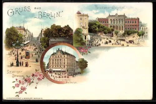 Lithographie Berlin, Leipziger Strasse, Strassenbahnen, Potsdamer Bahnhof