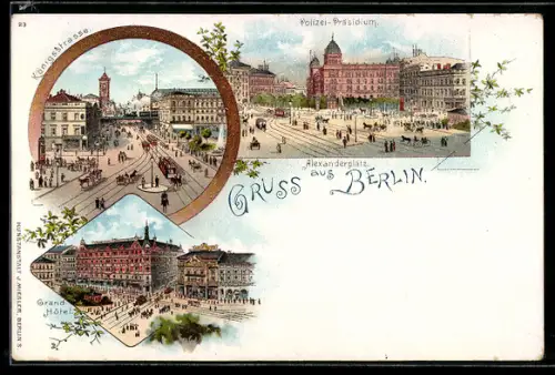Lithographie Berlin, Strassenbahnen in der Königstr., Grand Hotel und Polizei-Präsidium am Alexanderplatz