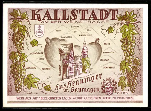 Künstler-AK Kallstadt an der Weinstrasse, Weingasthaus Henninger im Saumagen, Kreidekeller, Horn, Kobnert