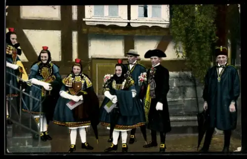 AK Schwälmer Hochzeit, Abholen der Braut aus dem Elternhaus, Hessische Trachten