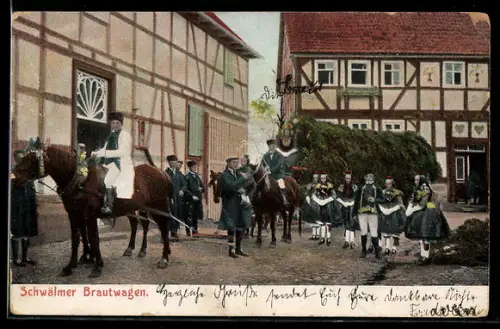 AK Schwälmer Brautwagen mit Hochzeitpaar und Gästen in hessischer Tracht