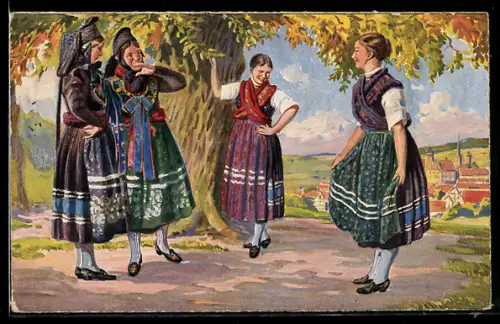 Künstler-AK Schlitzer Land, Die neue Schürze, Hessische Trachten