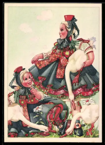 AK Kinder in Schwälmer Tracht, Gänse