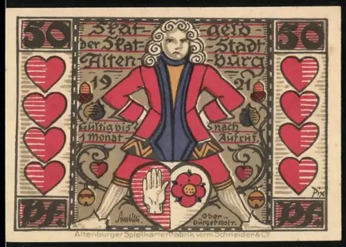 Notgeld Altenburg 1921, 50 Pfennig, stilisierte Figur und Turmabbildung