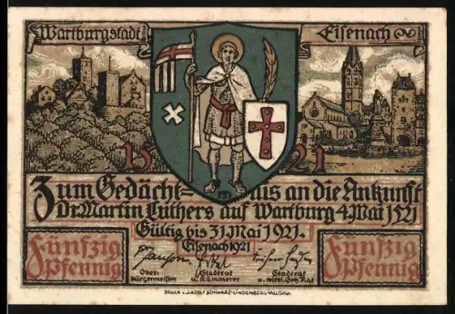 Notgeld Eisenach 1921, 50 Pfennig, Wartburg-Szene und Martin Luther als Junker Jörg