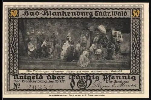 Notgeld Bad-Blankenburg /Thür. Wald 1921, 50 Pfennig, Abschied vom Kaiser und Burg Greifenstein