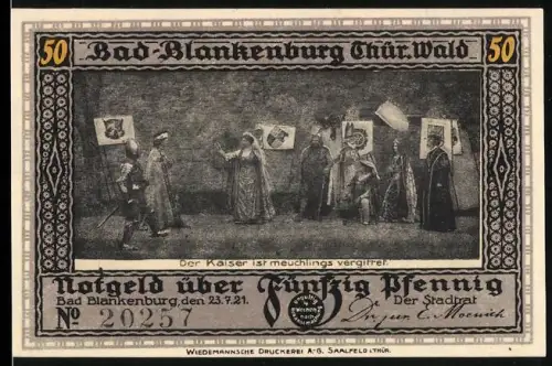 Notgeld Bad-Blankenburg /Thür. Wald 1921, 50 Pfennig, historische Szene und Burg Greifenstein mit Reiter