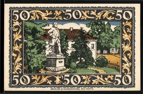 Notgeld Rheinsberg i. Mark, 50 Pfennig, Statue und Porträt im dekorativen Rahmen