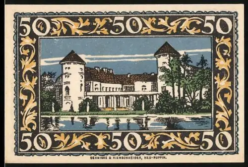 Notgeld Rheinsberg /Mark, 50 Pfennig, Schlossansicht und Porträt eines Mannes mit Hut
