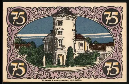 Notgeld Rheinsberg i. Mark, 75 Pfennig, Turm und historisches Porträt
