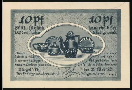 Notgeld Bürgel i. Th. 1921, 10 Pfennig, Keramikgeschirr und St. Georg mit Drache