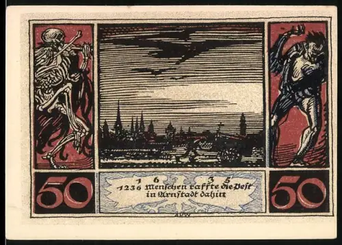 Notgeld Arnstadt 1921, 50 Pfennig, Skelett, Ortsansicht und kämpfende Figur