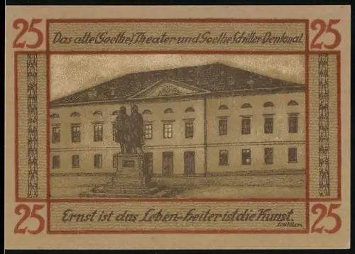Notgeld Weimar 1921, 25 Pfennig, Goethe-Schiller-Denkmal und Wappen mit Löwe