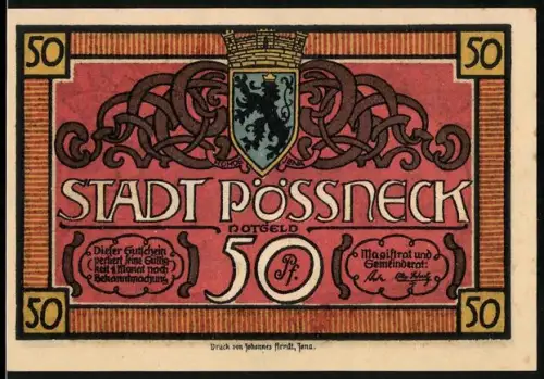 Notgeld Pössneck, 50 Pfennig, Wappen und mittelalterliche Szene mit Ritter und Bürgern