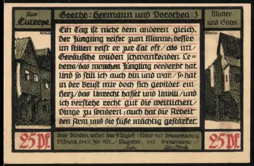 Notgeld Pössneck 1921, 25 Pf, Goethe-Motiv mit Szenen aus Hermann und Dorothea