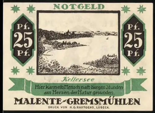 Notgeld Malente-Gremsmühlen 1920, 25 Pf, Kellersee und Porträt einer Frau mit Blumenkranz