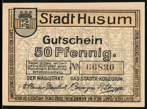 Notgeld Husum, 50 Pfennig, Rathaus und historische Gebäude, Wappen Husum
