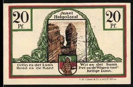 Notgeld Helgoland 1919, 20 Pfennig, Felsformation mit Küstenlandschaft und Wappen