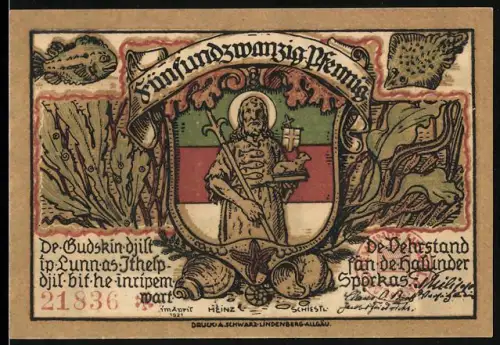 Notgeld Helgoland 1921, 25 Pfennig, Heiliger mit Fahne und Kreuz, Küstenlandschaft mit Seevögeln