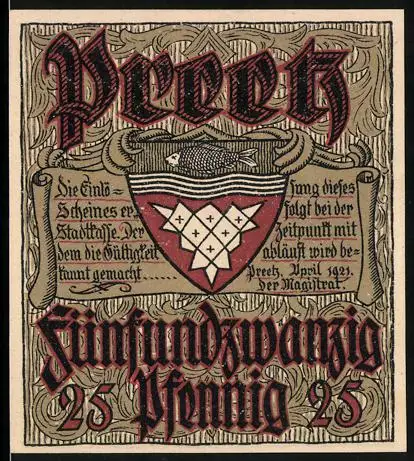 Notgeld Preetz 1921, 25 Pfennig, Wanderer auf Brücke und Stadtwappen