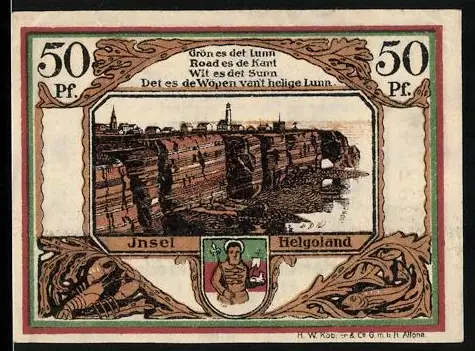 Notgeld Helgoland 1919, 50 Pf, Klippenansicht und Leuchtturm mit Wappen der Helgoland
